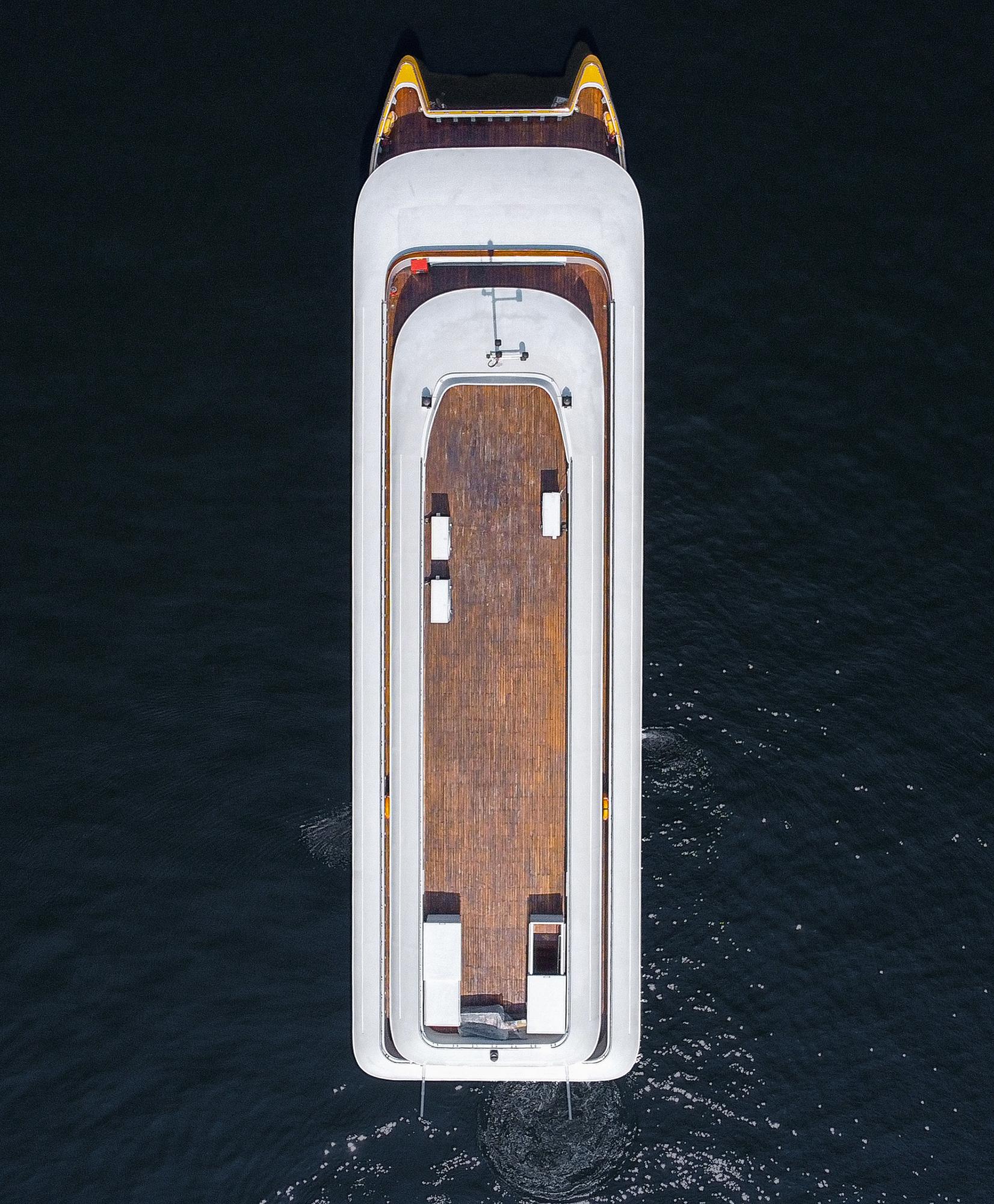 Top-down view of Minar Cruise, a luxurious catamaran offering scenic cruises in Kerala.